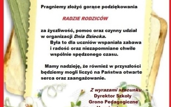 Podziękowanie Radzie Rodziców - 01.06.2023r.