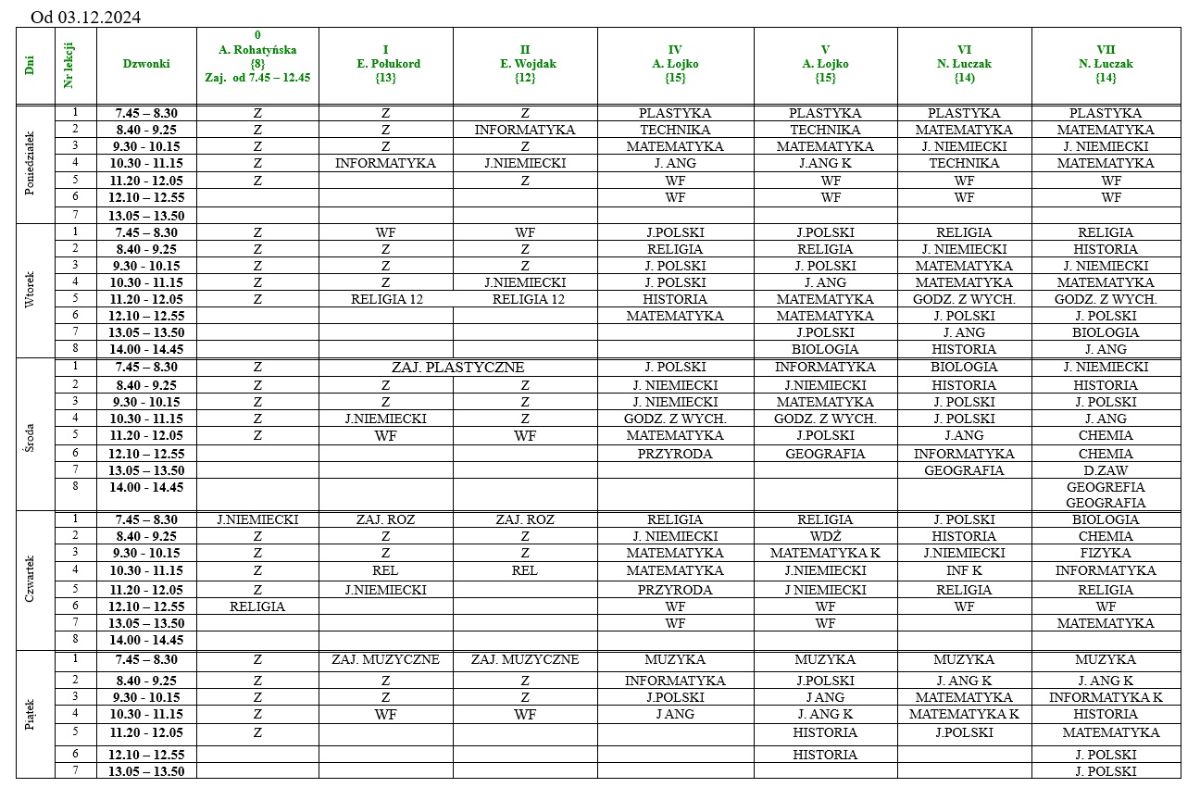 Zdjęcie: Plan lekcji - 03.12.2024r.