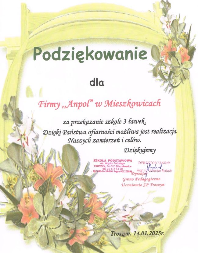 Zdjęcie: Podziękowanie firmie Anpol w Mieszkowicach