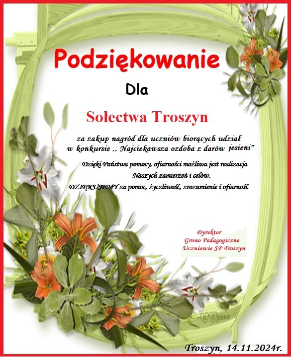 Plakat: Podziękowanie dla Sołectwa Troszyn