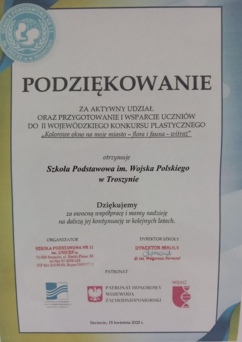 Zdjęcie: Podziękowanie dla szkoły za udział w konkursie