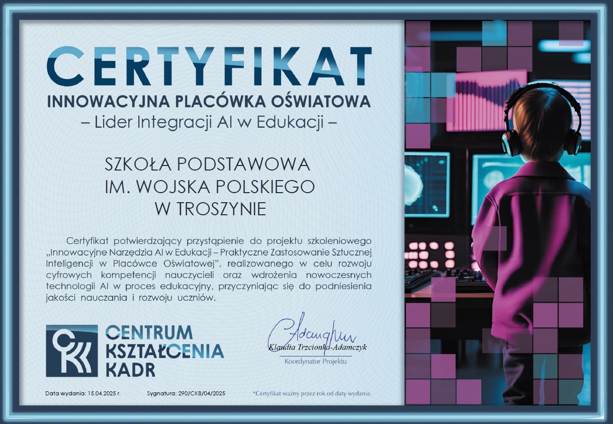 Zdjęcie: Certyfikat - Innowacyjna Placówka Oświatowa